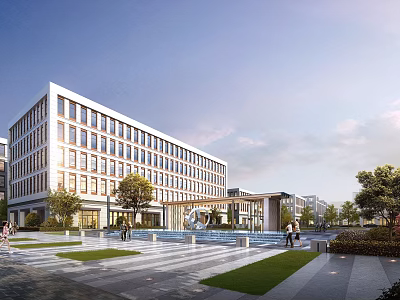 Modern Office Building Exterior With Glass Curtain Wall And Landscaped Plaza 3d model