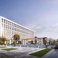 Modern Office Building Exterior With Glass Curtain Wall And Landscaped Plaza