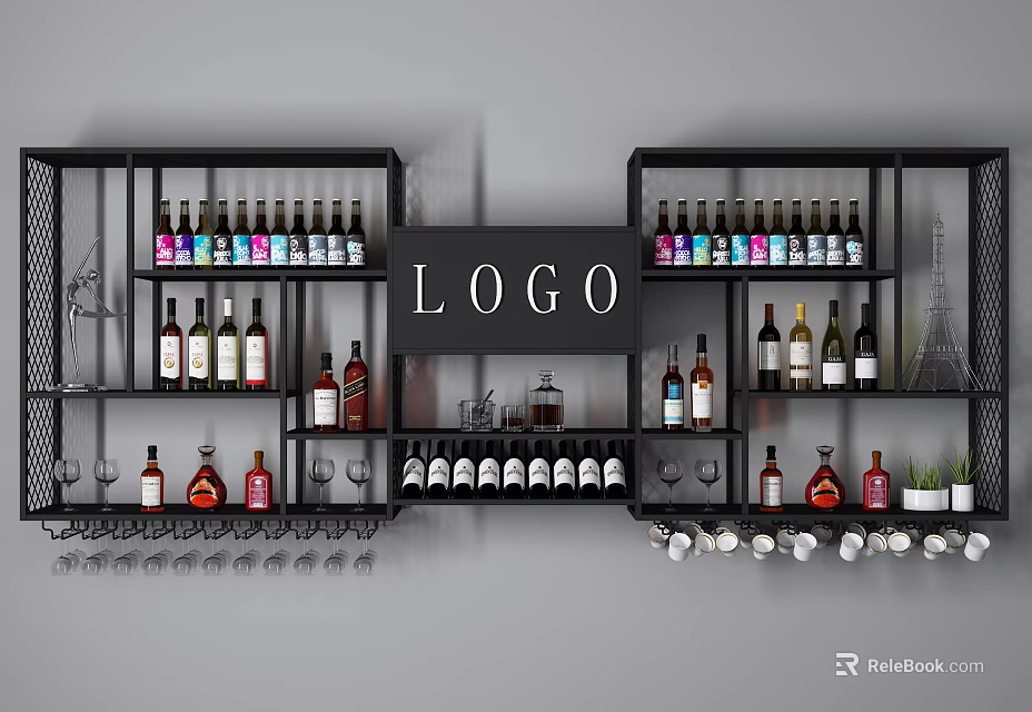 Modern Wine Cabinet Design With Logo Display Shelves For Wine Bottles And Glasses 3d model 