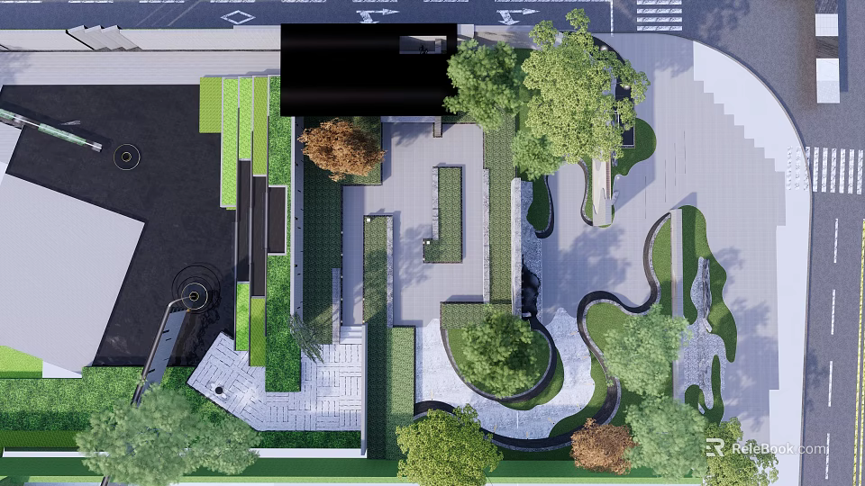 Landscape Wall Design With Green Plants Curved Paths And Paved Surfaces 3d model 