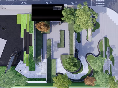 Landscape Wall Design With Green Plants Curved Paths And Paved Surfaces 3d model