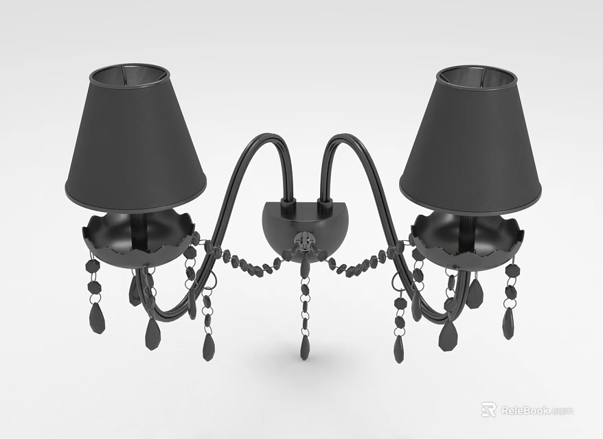 Elegant Black Chandelier With Two Lamp Shades Metal Frame And Decorative Waterdrop Pendants 3d model 