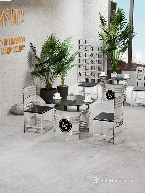 Modern Dining Table Set With Silver Metal Frames Black Seats And Potted Plants 3d model