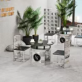 Modern Dining Table Set With Silver Metal Frames Black Seats And Potted Plants 3d model