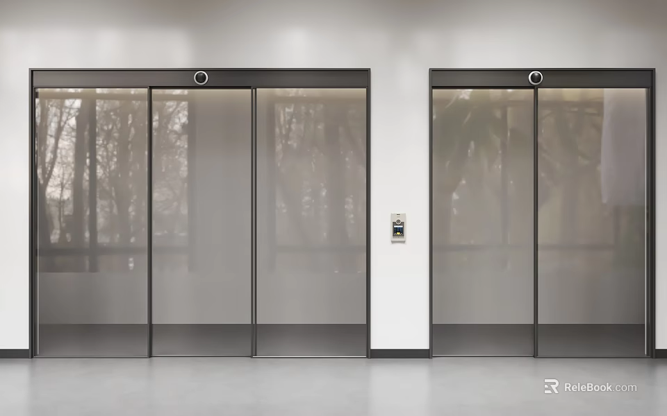 Modern Glass Sliding Doors With Black Frame And Control Panel In Interior 3d model 