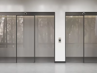 Modern Glass Sliding Doors With Black Frame And Control Panel In Interior 3d model