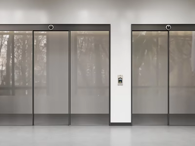 Modern Glass Sliding Doors With Black Frame And Control Panel In Interior 3d model