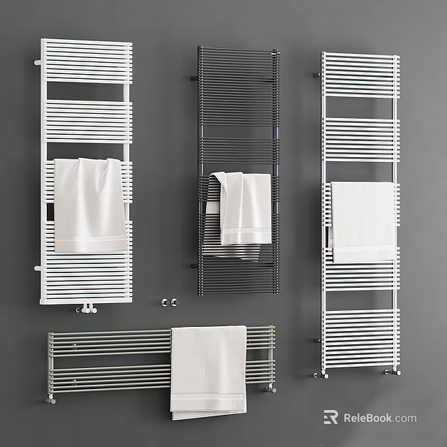 Modern Wall Mounted Bathroom Racks With White Towels On Grey Walls 3d model 