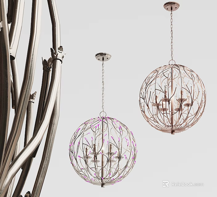 Two Decorative Globe Pendant Lights With Intricate Metal Frame Design 3d model