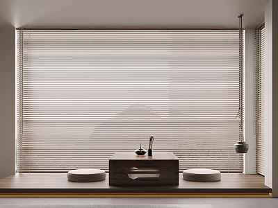 Home Balcony Featuring Wooden Blinds Platform Dark Table Tea Set Round Cushions And Hanging Lamp 3d model