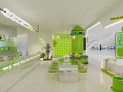 Modern Green Themed Milk Tea Shop Interior Design with Open Counter and Seating Area 3d model