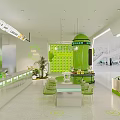 Modern Green Themed Milk Tea Shop Interior Design with Open Counter and Seating Area