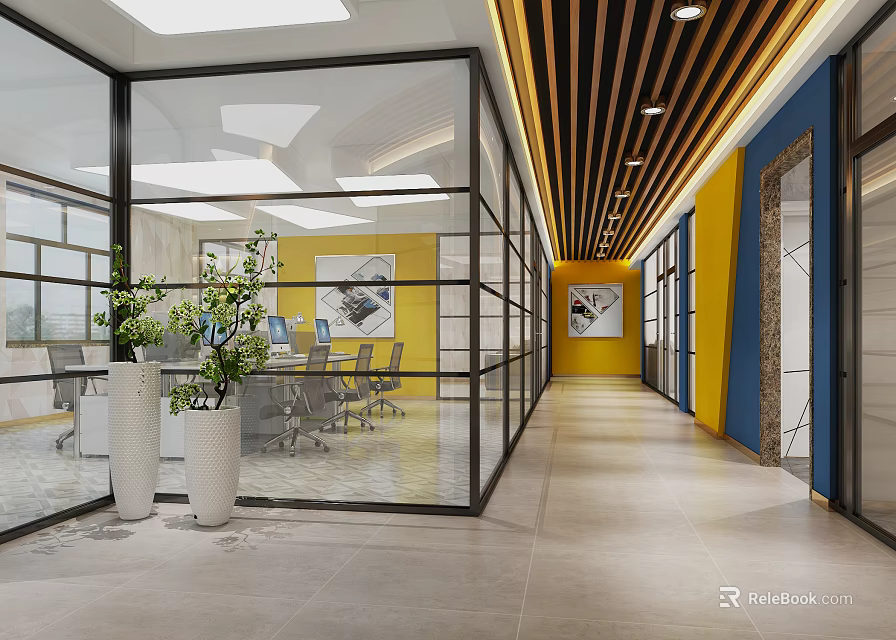 Modern Office Corridor Interior View With Glass Partitions Yellow Blue Walls And Plants 3d model 