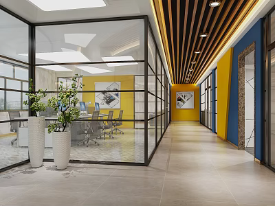 Modern Office Corridor Interior View With Glass Partitions Yellow Blue Walls And Plants 3d model