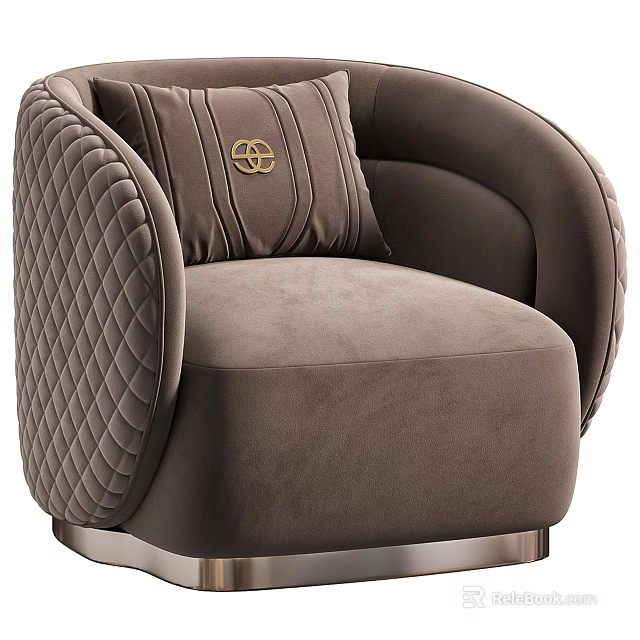Luxury Brown Velvet Armchair With Quilted Stitching Gold Emblem And Metal Base 3d model 