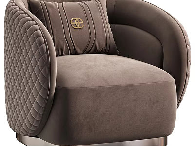Luxury Brown Velvet Armchair With Quilted Stitching Gold Emblem And Metal Base 3d model