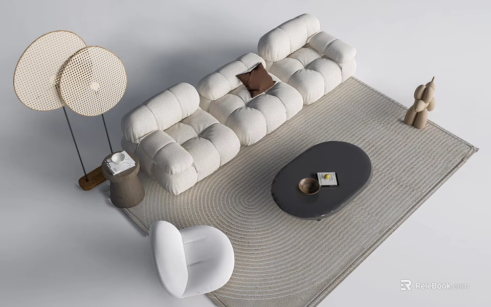 Modern White Sectional Sofa with Brown Cushion Oval Coffee Table and Floor Lamps 3d model 