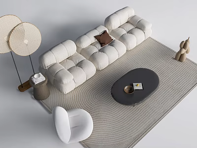 Modern White Sectional Sofa with Brown Cushion Oval Coffee Table and Floor Lamps 3d model