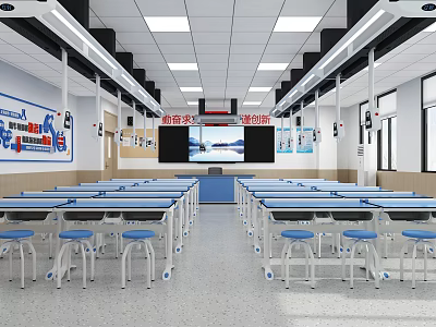 Modern Laboratory Interior Design With Spacious Workbenches Scientific Equipment And Ergonomic Chairs 3d model