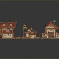 Charming Cartoon Village Scene With Small Houses Tiled Roofs Grass And Stone Paths