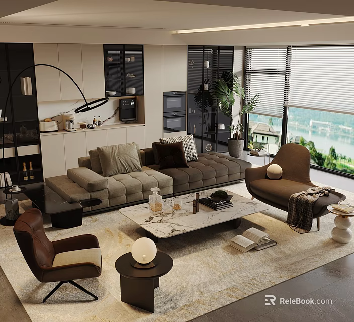 Modern Living Room Sofa And Coffee Table Set With Accent Chairs Plants And Large Windows 3d model 