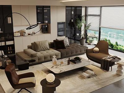 Modern Living Room Sofa And Coffee Table Set With Accent Chairs Plants And Large Windows 3d model