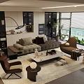 Modern Living Room Sofa And Coffee Table Set With Accent Chairs Plants And Large Windows