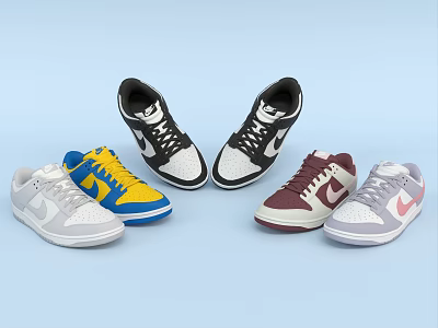 Fashionable High Top Low Top Sneakers with Black White Yellow Blue Burgundy Pink Gray Colors 3d model