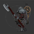 Steampunk Robot Character With Wooden Barrel Body Metal Armor And Axe Weapon