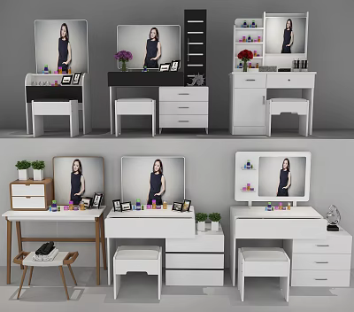 Modern Dressing Table With Mirror Drawers Stool Cosmetics And Decorative Items 3d model