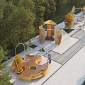 Outdoor Playground Equipment For Kids In Park With Yellow Climbing Structures And Trees