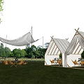 Glamping Tents In Outdoor Grassy Field With Trees Canopy Seating And Blue Sky View
