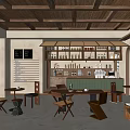 Rustic Coffee Shop Interior With Wooden Ceiling Tables Chairs And Coffee Display Shelves