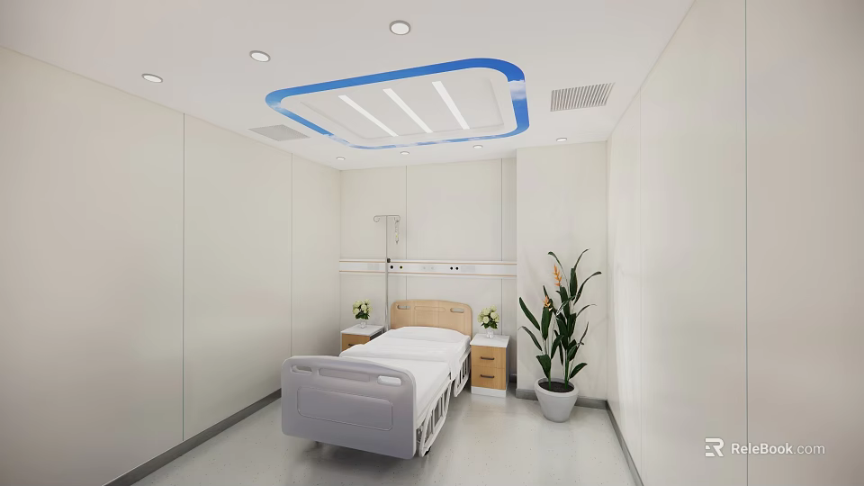 Modern Hospital Room Interior With White Walls Ceiling Light Blue Trim And Green Plant 3d model 