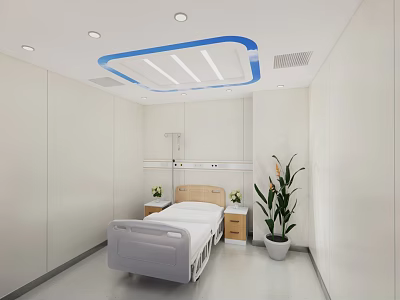 Modern Hospital Room Interior With White Walls Ceiling Light Blue Trim And Green Plant 3d model