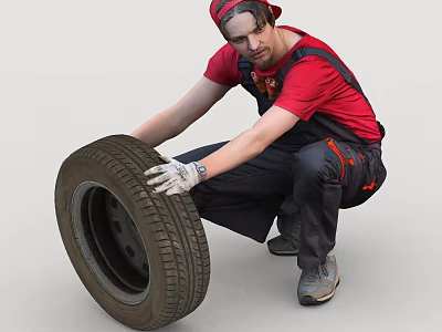 Skilled Auto Mechanic Changing Tire Wearing Red Shirt And Dark Overalls 3d model