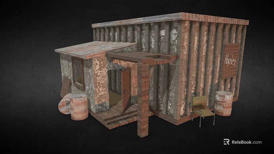 Rustic Traditional Hut With Cylindrical Walls Wooden Porch And Clay Pots 3d model 
