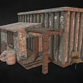 Rustic Traditional Hut With Cylindrical Walls Wooden Porch And Clay Pots