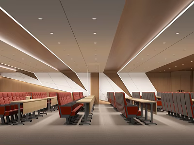 Modern Conference Room With Red Seats Wooden Walls Long Tables And Geometric Ceiling Design 3d model