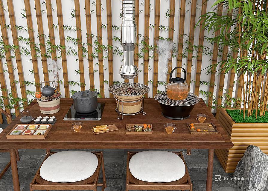 Traditional Teahouse With Bamboo Screen Wooden Table Tea Sets Charcoal Hotpot And Small Dishes 3d model 