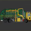 Green And Yellow Garbage Truck With Mechanical Arm And GARBAGE Lettering For Waste Collection