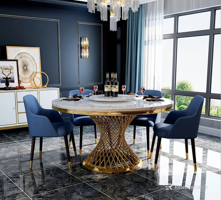Luxurious Round Dining Table Set with Gold Woven Legs and Blue Upholstered Chairs 3d model 
