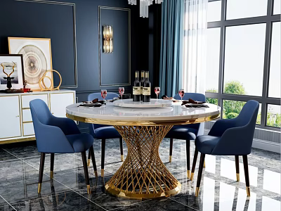 Luxurious Round Dining Table Set with Gold Woven Legs and Blue Upholstered Chairs 3d model