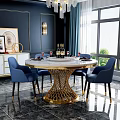 Luxurious Round Dining Table Set with Gold Woven Legs and Blue Upholstered Chairs