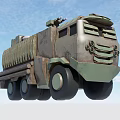 Camouflaged Military Truck Heavy Duty Multi Wheel Design With Roof Mounted Equipment Blue Sky Background