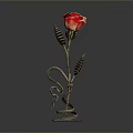 Decorative Metal Furniture Piece With Red Rose Design Curved Stem And Leaves