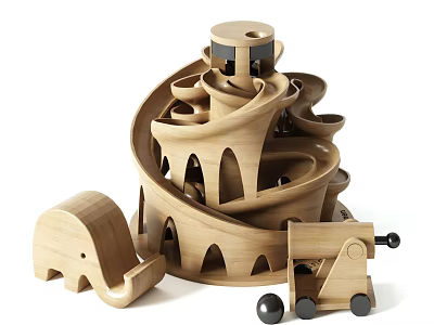 Wooden Play Dolls With Spiral Slide Structure Elephant Shape And Small Cart 3d model