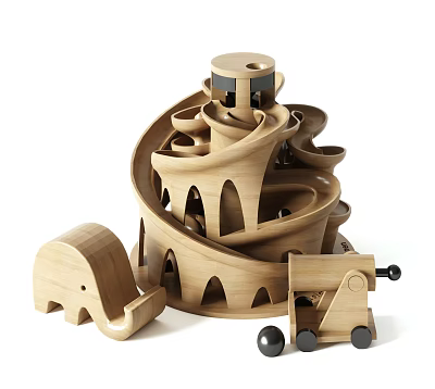 Wooden Play Dolls With Spiral Slide Structure Elephant Shape And Small Cart 3d model