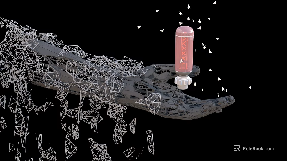 Abstract Polygonal Structure With Pink Cylinder And White Triangular Fragments On Black Background 3d model 