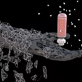Abstract Polygonal Structure With Pink Cylinder And White Triangular Fragments On Black Background